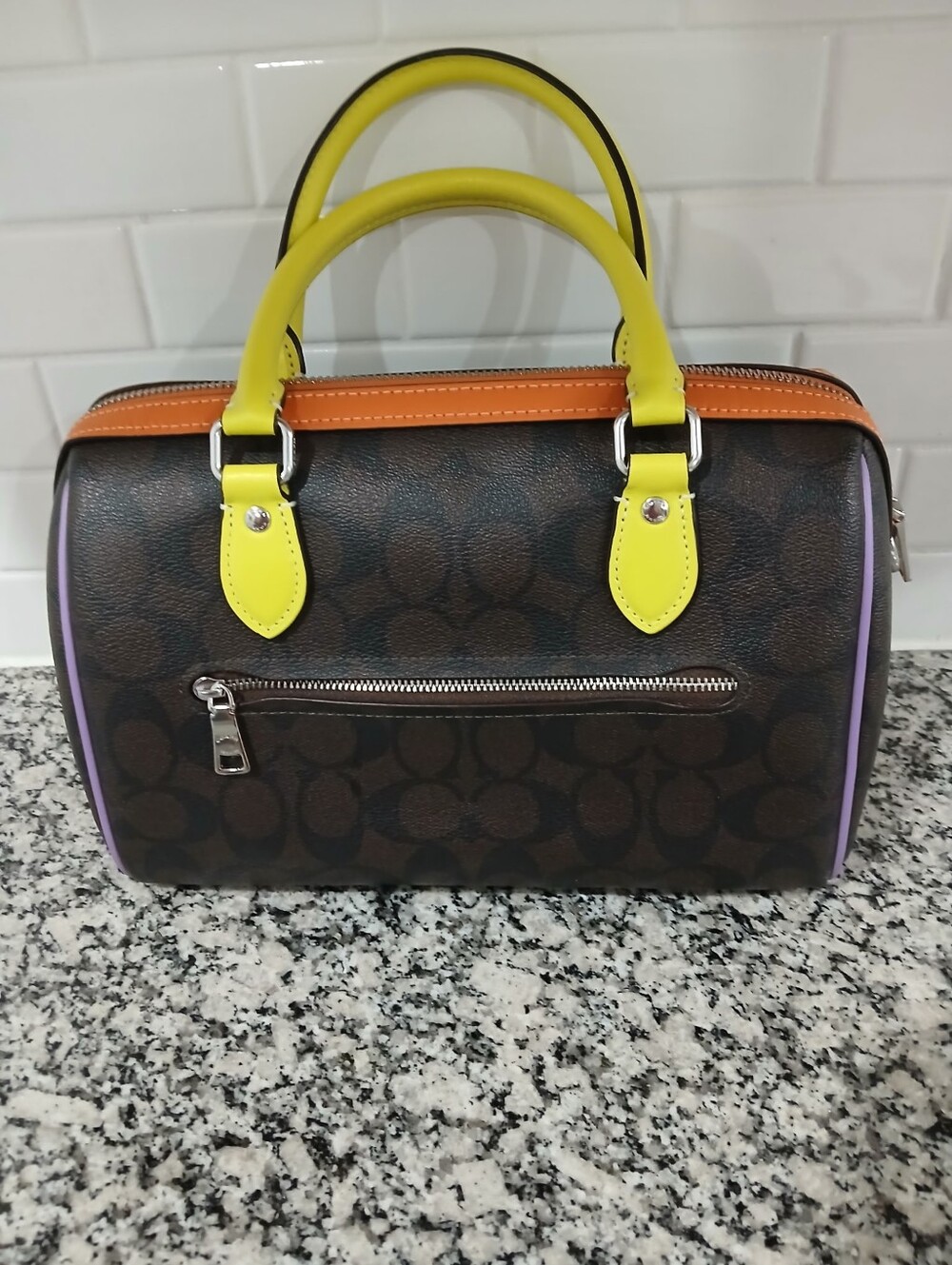 Coach Brown Signature Satchel with Neon Yellow Handles & Orange Trim - Picture 5 of 6